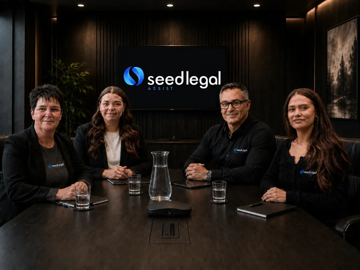 Four of the Seed Legal Assist team seated around a boardroom table, the company sign on the screen behind them