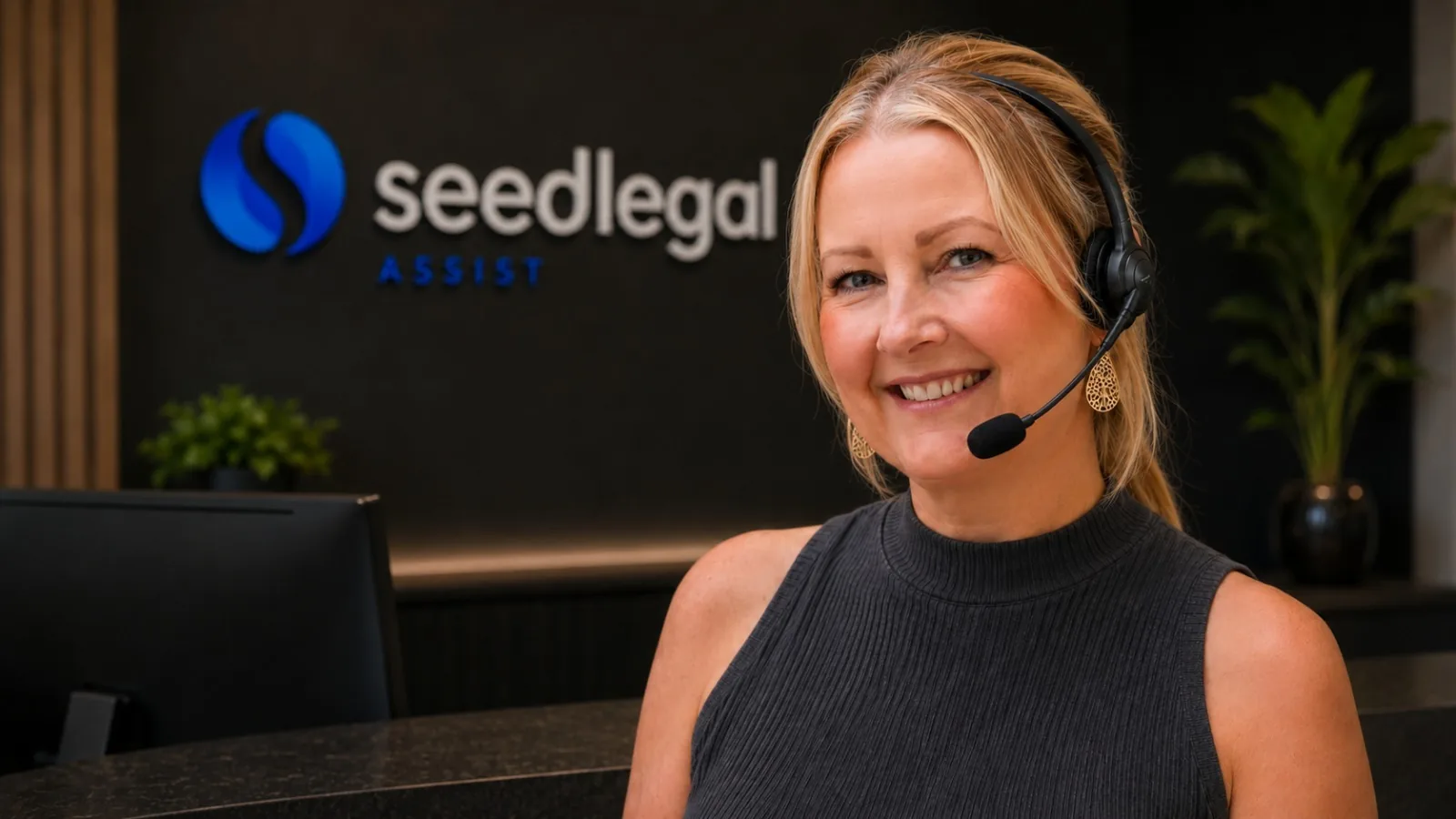A receptionist at the front desk wearing a headset, with the company sign on the wall behind