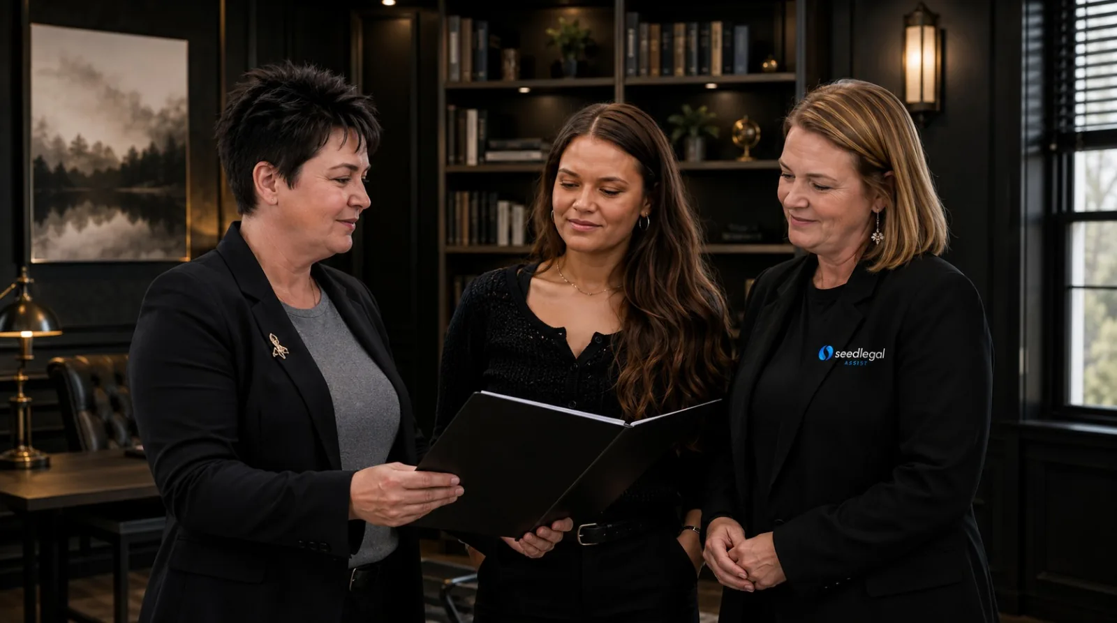 Three people reading an open folder together